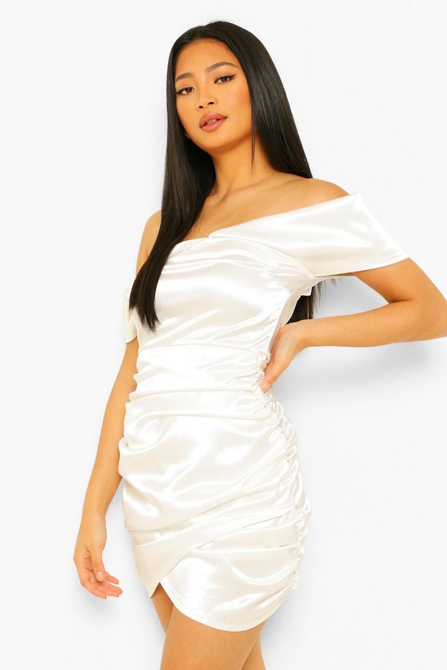 Cream white Petite Satin Draped Shoulder Ruched Mini Dress