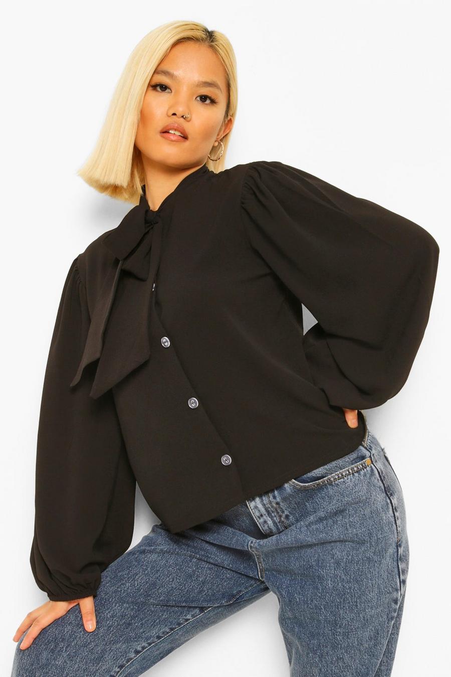 Blusa entretejida con lazo y manga abullonada, talla pequeña , Negro image number 1