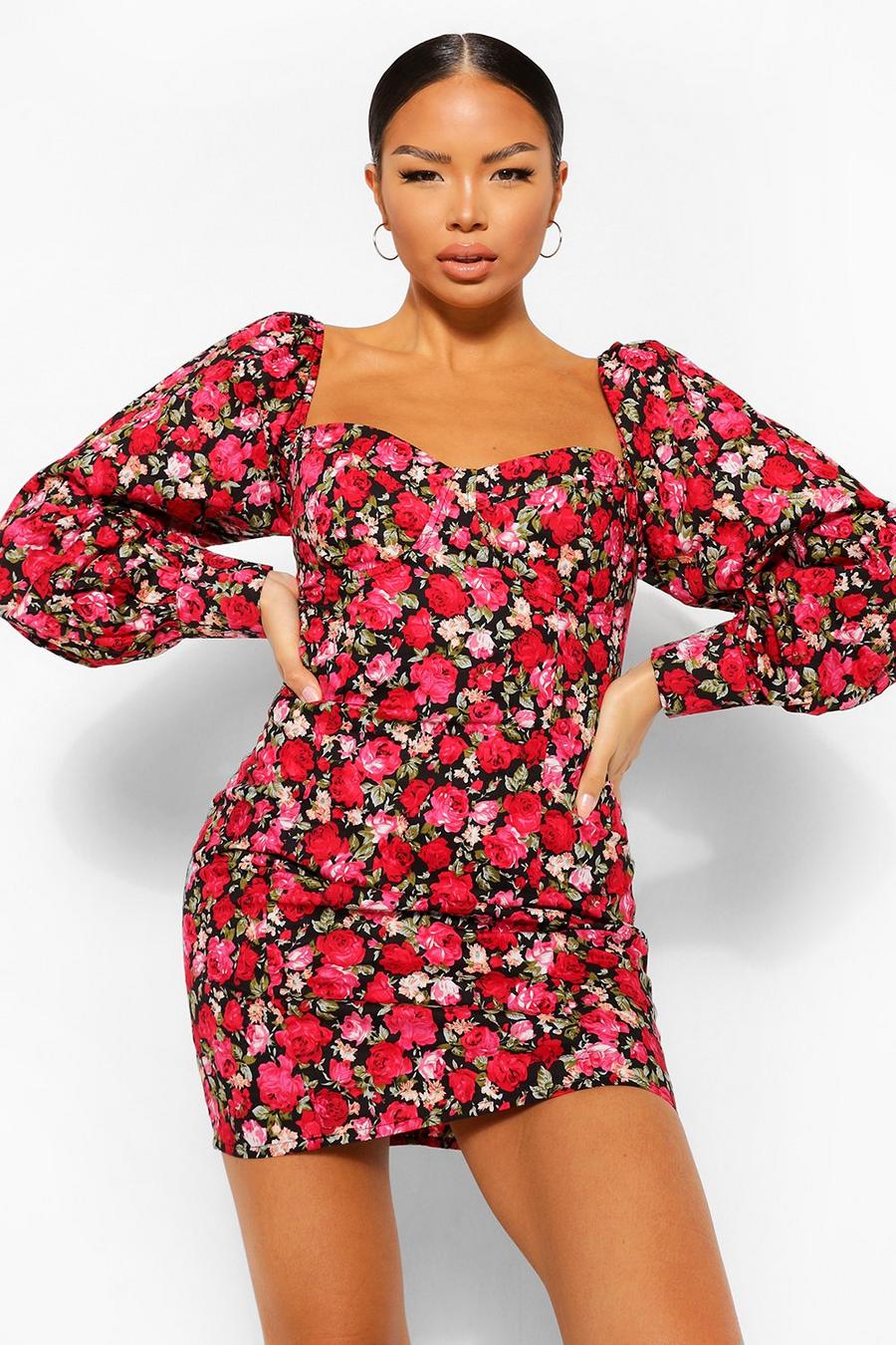 Floral Petite Corset Style Puff Sleeve Mini Dress image number 1