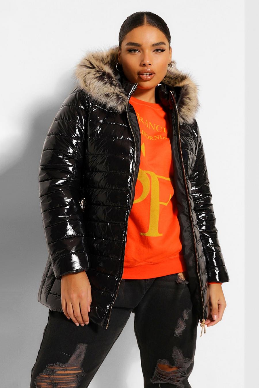 Black Plus High Shine Quilted Faux Fur Trim Puffer Parka image number 1