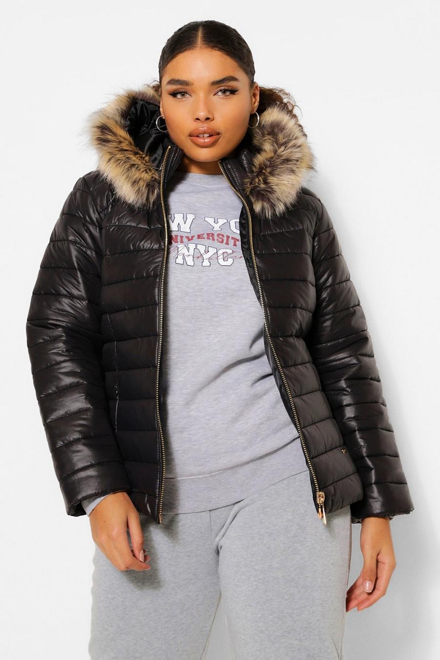 Black Plus Quilted Faux Fur Trim Puffer Jacket image number 1
