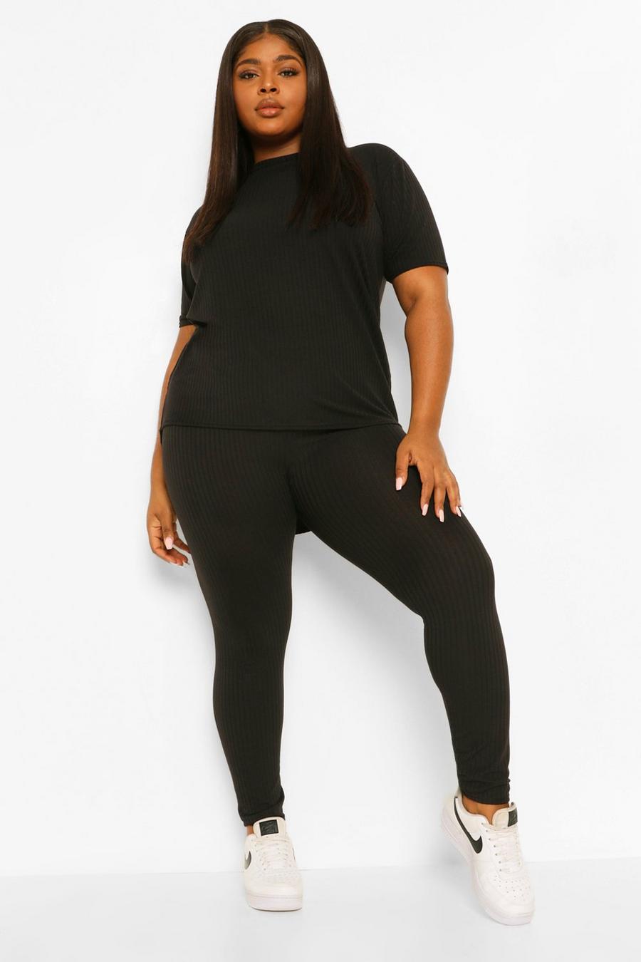 Black Plus Soft Rib Dipped Hem Loungewear Set image number 1