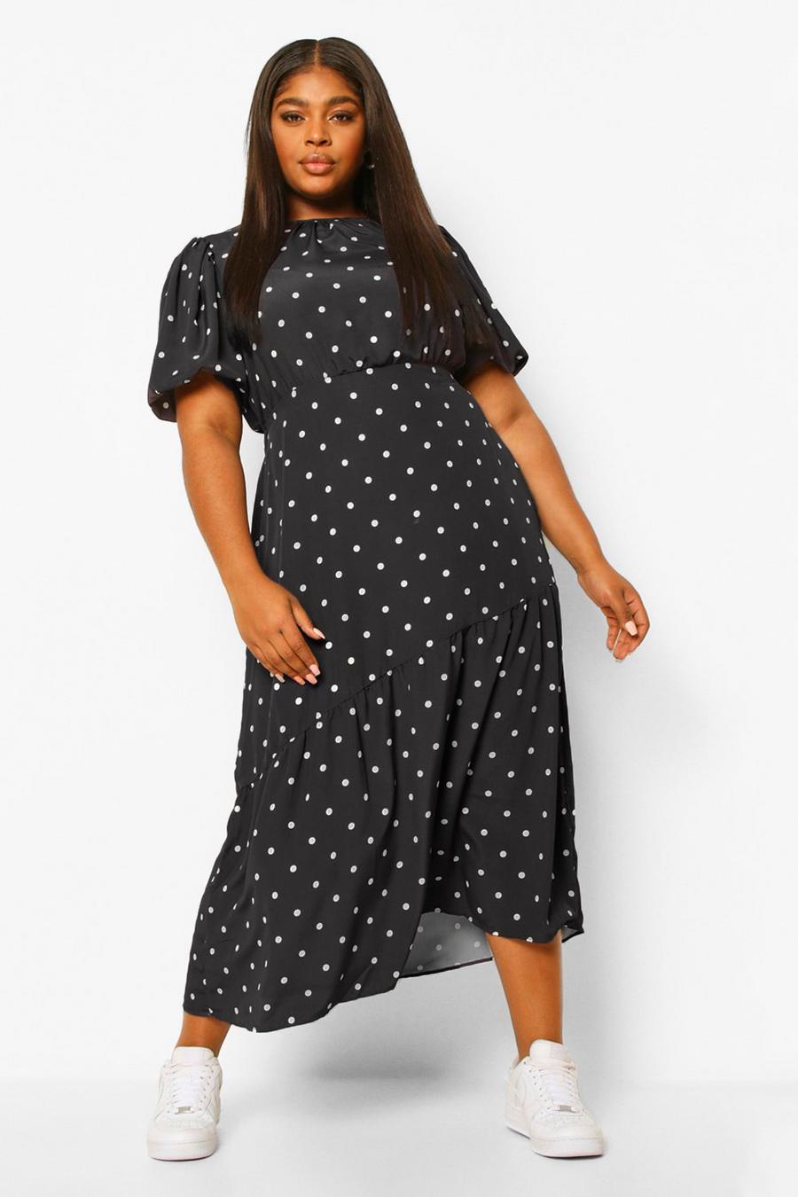 Black Plus Polka Dot Puff Sleeve Midaxi Dress image number 1
