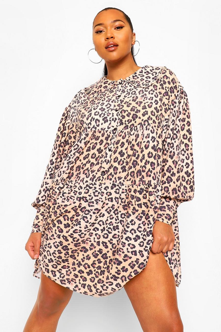 Vestido estilo blusón con cuello y estampado de leopardo, talla grande image number 1