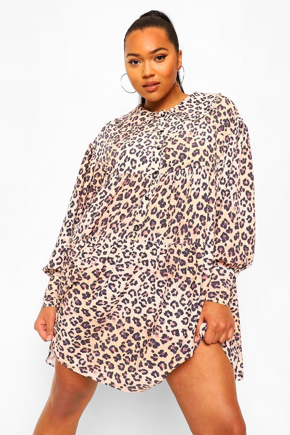 Vestido estilo blus n con cuello y estampado de leopardo talla grande