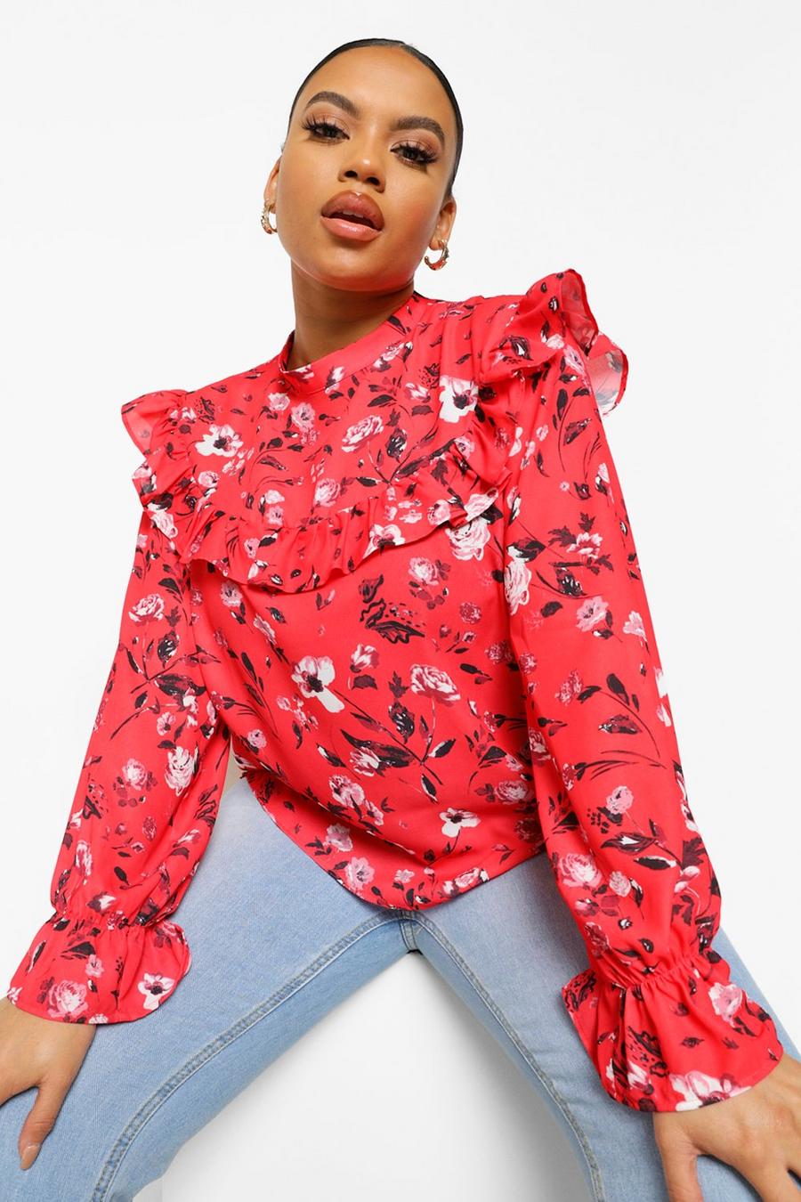 Red Plus Floral Tiered Smock Top image number 1