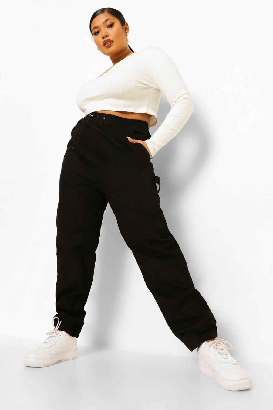 שחור דהוי מכנסי ריצה טוויל מבד ג'ינס בגזרת פייפרבאג עם קשירה וחפתים למידות גדולות image number 1