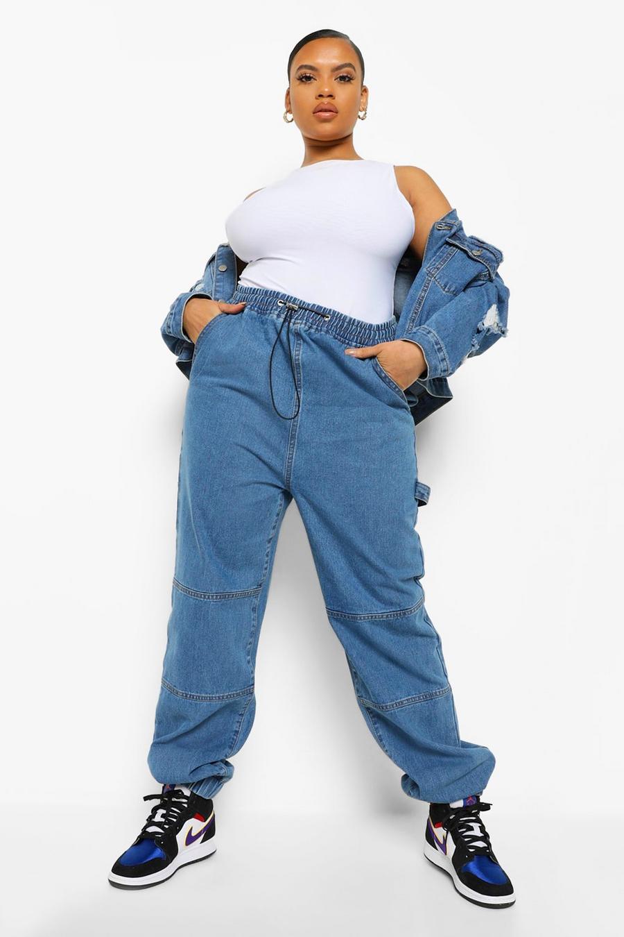 כחול ביניים מכנסי ריצה טוויל מבד ג'ינס בגזרת פייפרבאג עם קשירה וחפתים למידות גדולות image number 1