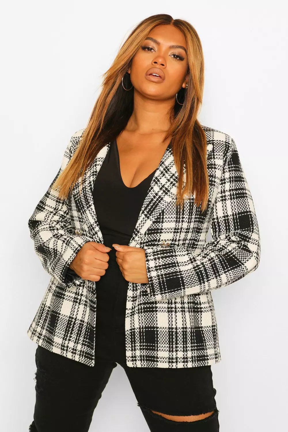 Fitted checked blazer sale