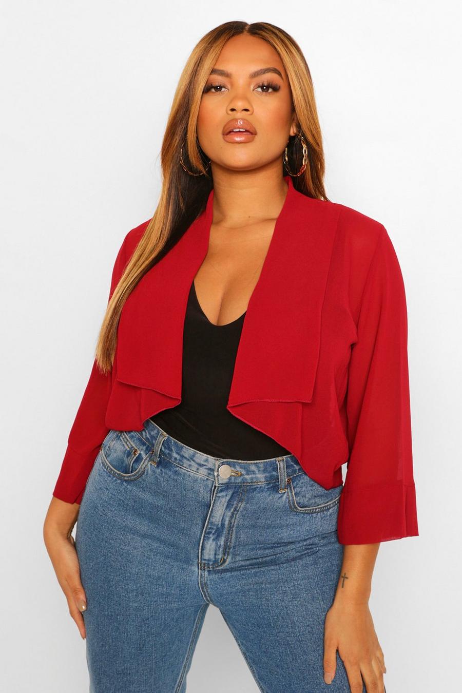 Berry Plus Waterfall Collar Cropped Duster image number 1