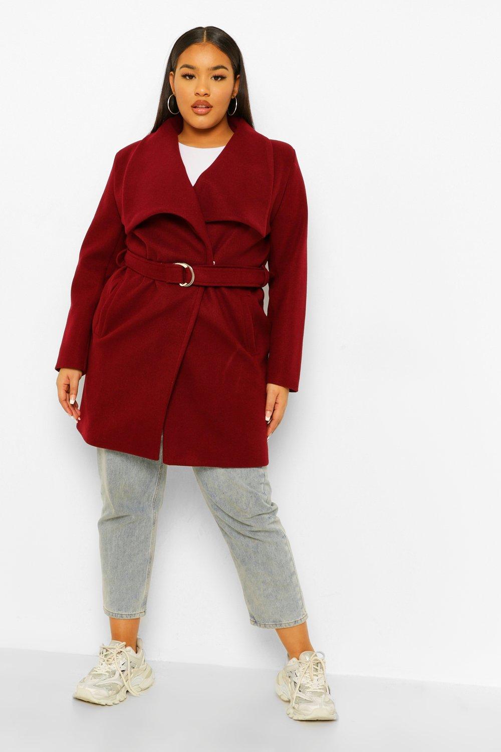 Plus Wool Look Buckle Trim Waterfall Duster Coat