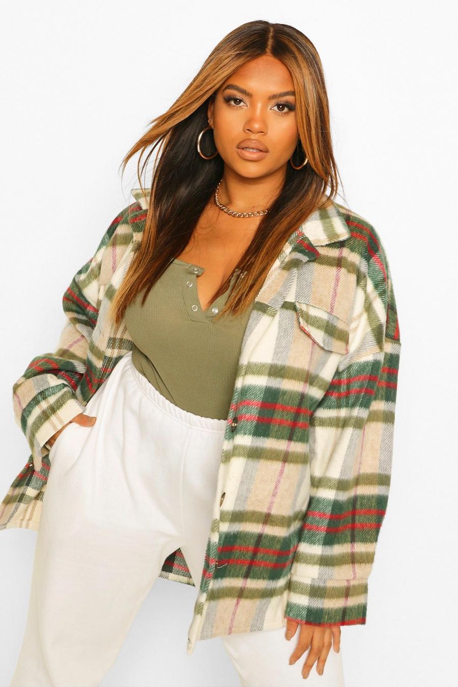 Green Plus Supersoft Check Wool Look Boyfriend Shacket image number 1