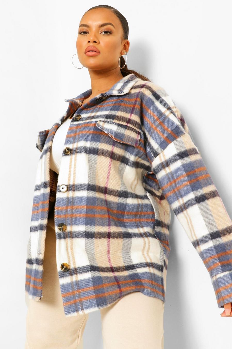 Navy Plus Supersoft Check Wool Look Boyfriend Shacket image number 1