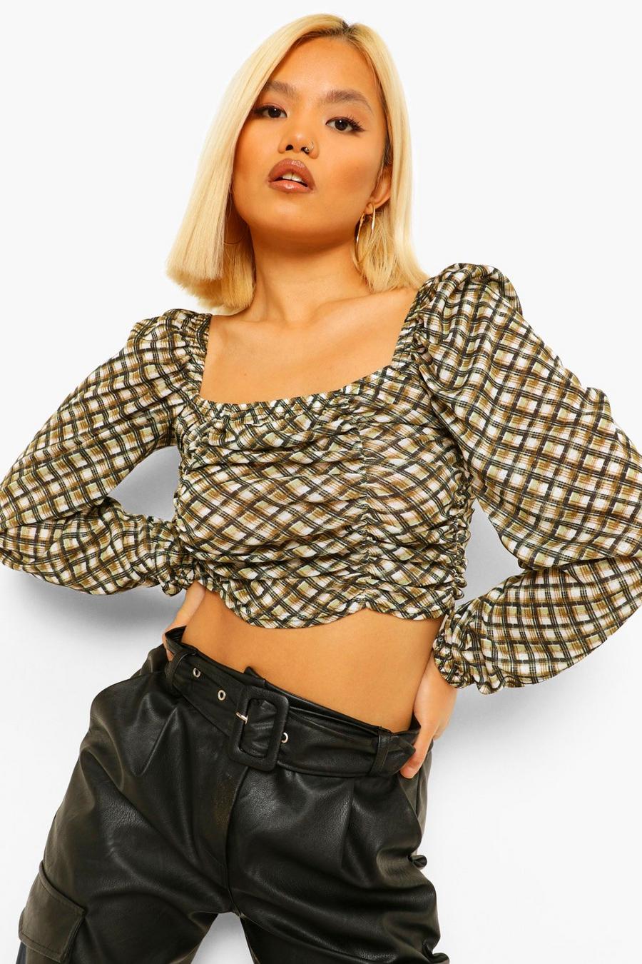 Khaki Petite Check Ruched Front Long Sleeve Top image number 1