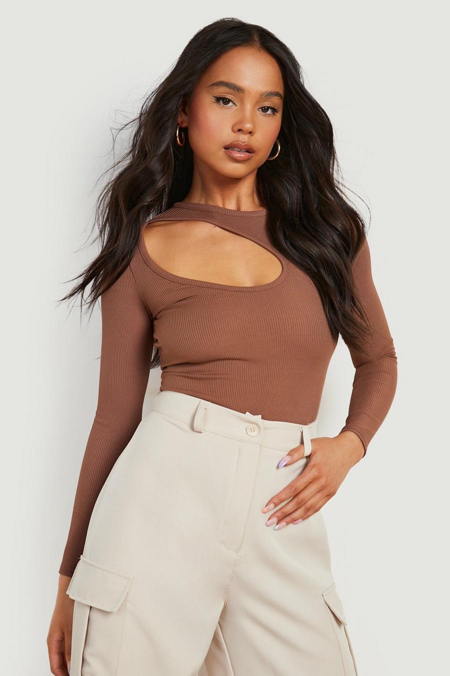 Chocolate Petite Cut Out Detail Rib Bodysuit image number 1
