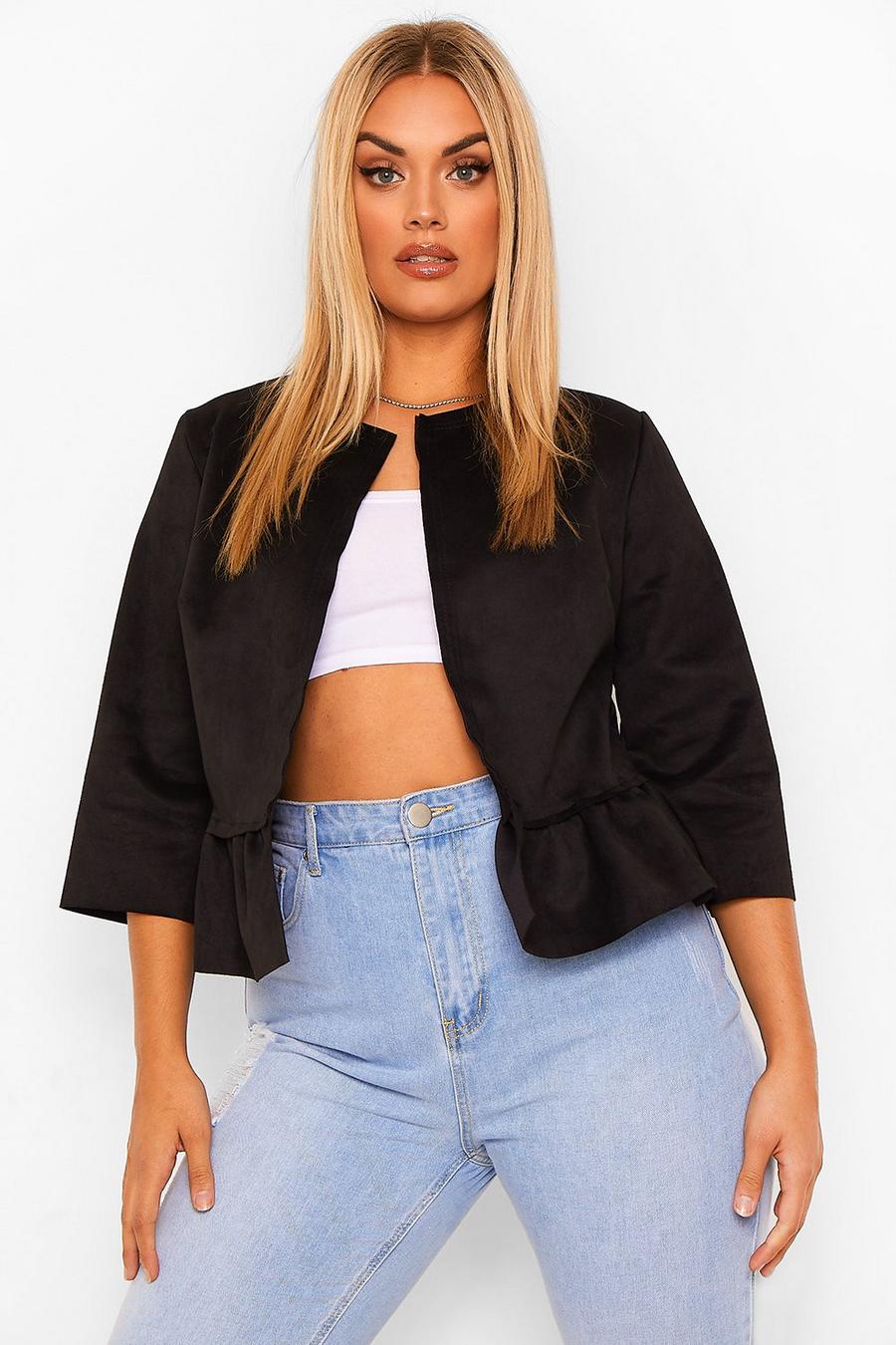 Black Plus Suedette Collarless Cropped Ruffle Jacket image number 1