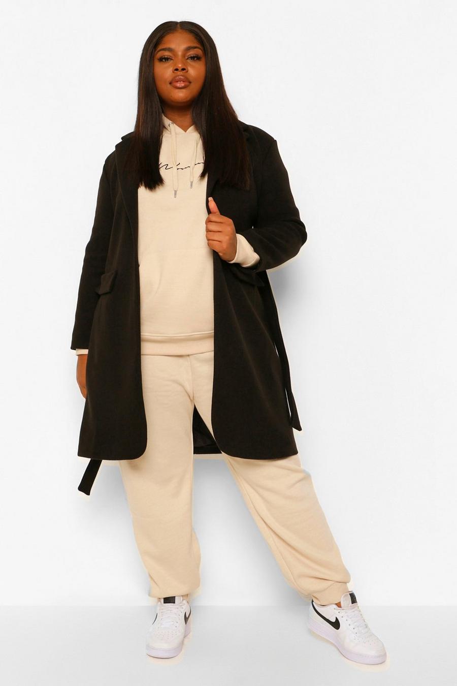 Grande taille - Manteau effet laine à ceinture et bouton, Black image number 1