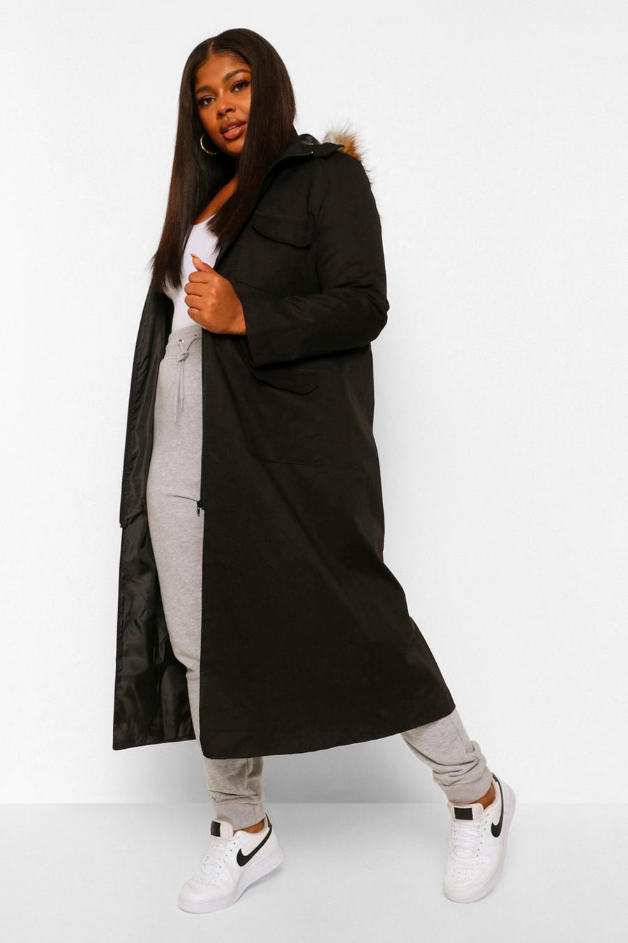 Black Plus Maxi Length Faux Fur Trim Hooded Parka image number 1