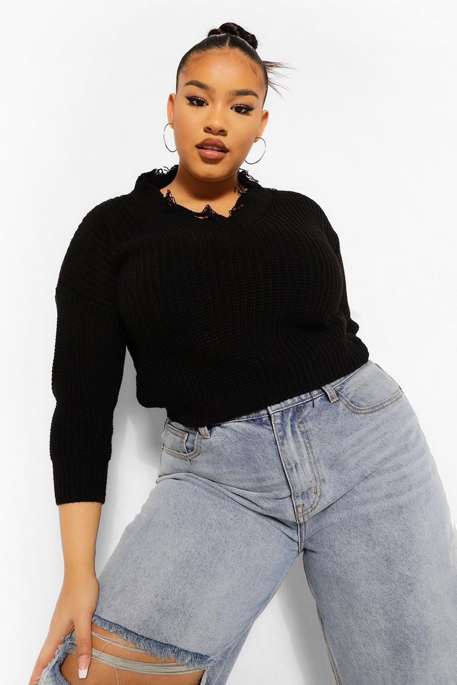 Plus Distressed Neck Knitted Sweater | boohoo