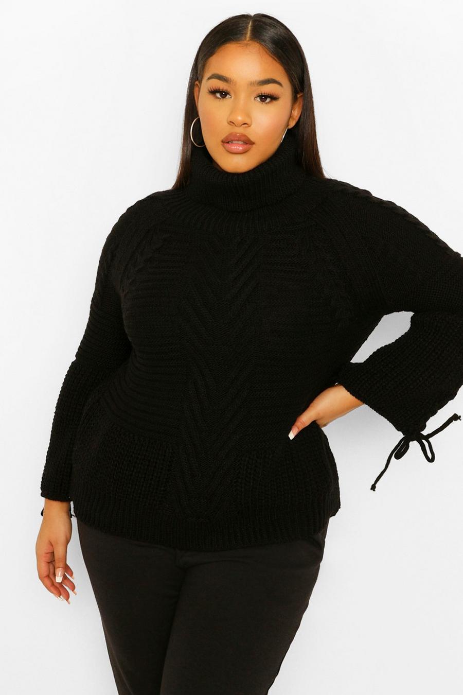 Black Plus Lace Up Sleeve Turtleneck Knitted Sweater image number 1