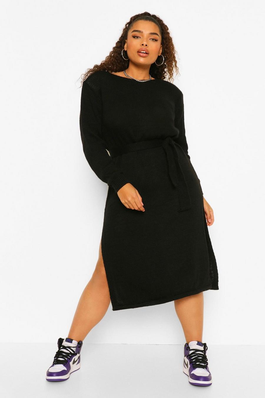 Black Plus Shoulder Pad Knitted Jumper Dress image number 1