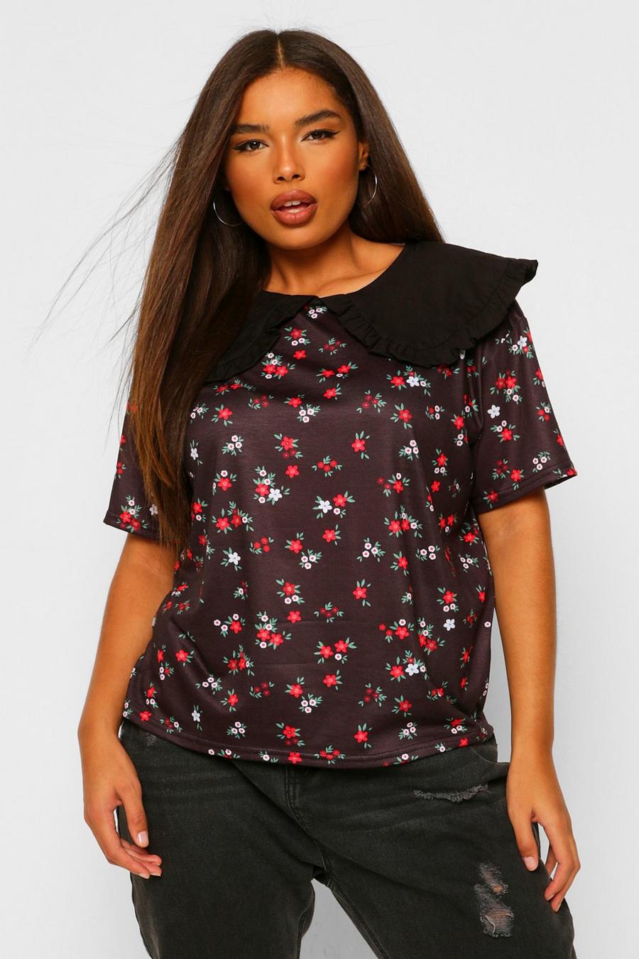 Camiseta con estampado de florecillas y cuello en contraste Plus, Negro image number 1