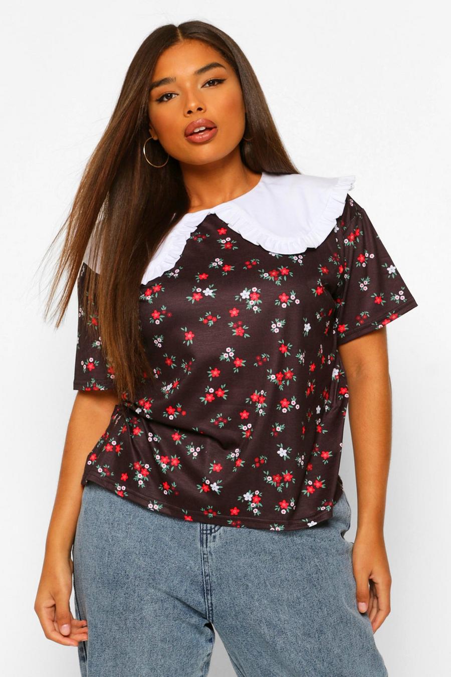 White Plus Contrast Collar Ditsy Floral T-Shirt image number 1