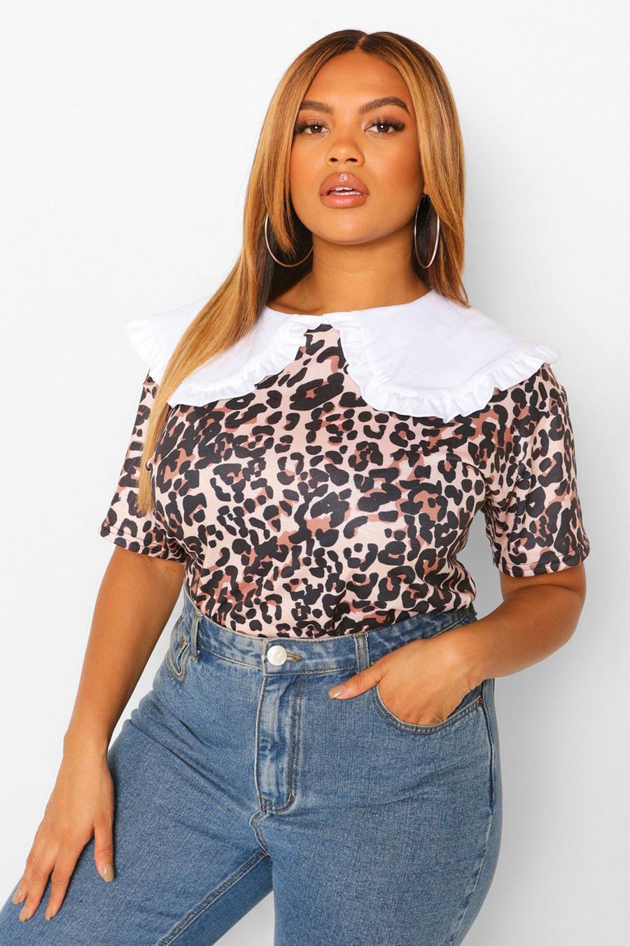 White Plus Contrast Collar Leopard T-Shirt image number 1