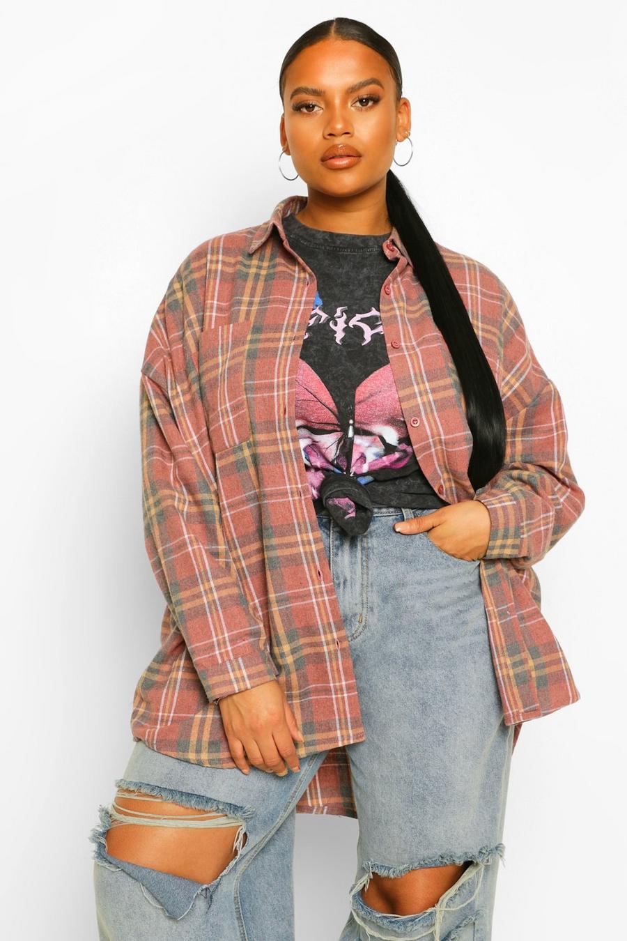 Blush rosa Plus Oversized Boyfriend Check Shirt image number 1