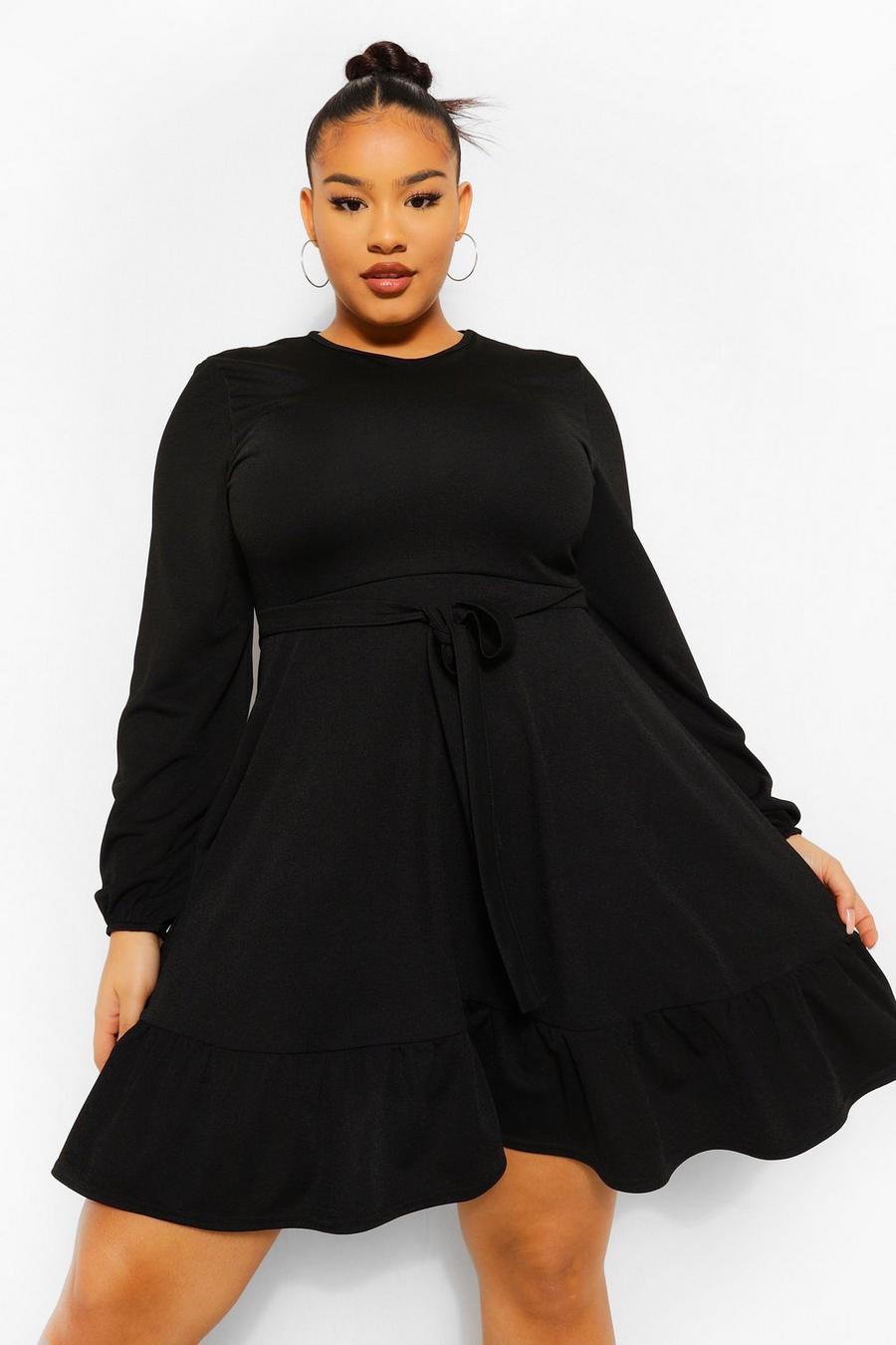 שחור שמלת סקייטר עם מלמלה וחגורה למידות גדולות image number 1