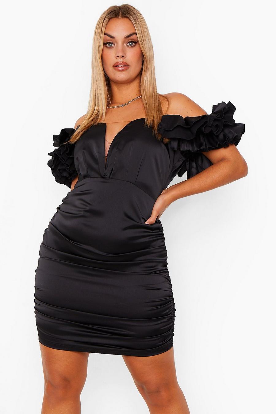 Black Plus Satin Ruffle Shoulder Ruched Mini Dress image number 1