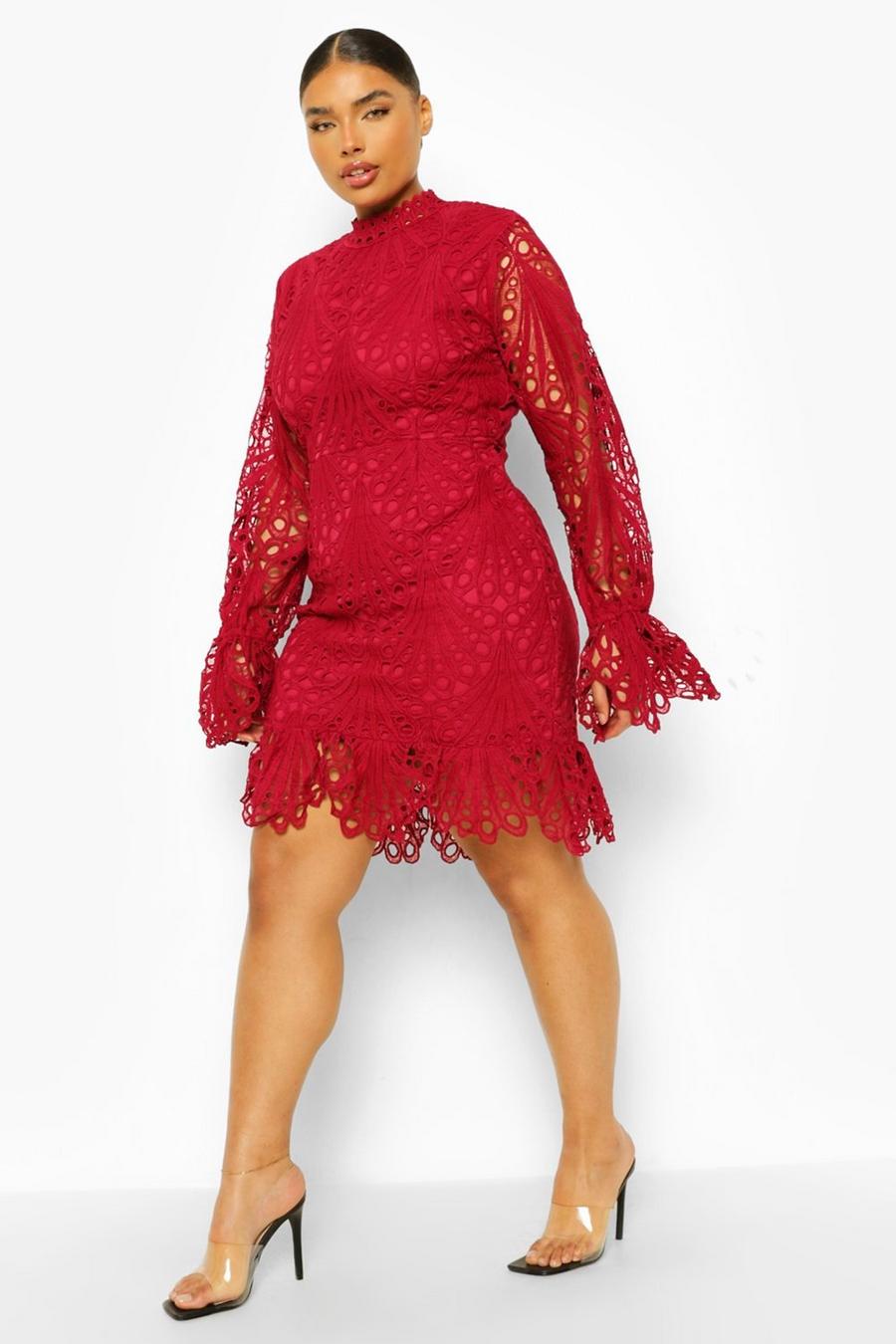 Berry red Plus Lace High Neck Ruffle Mini Dress