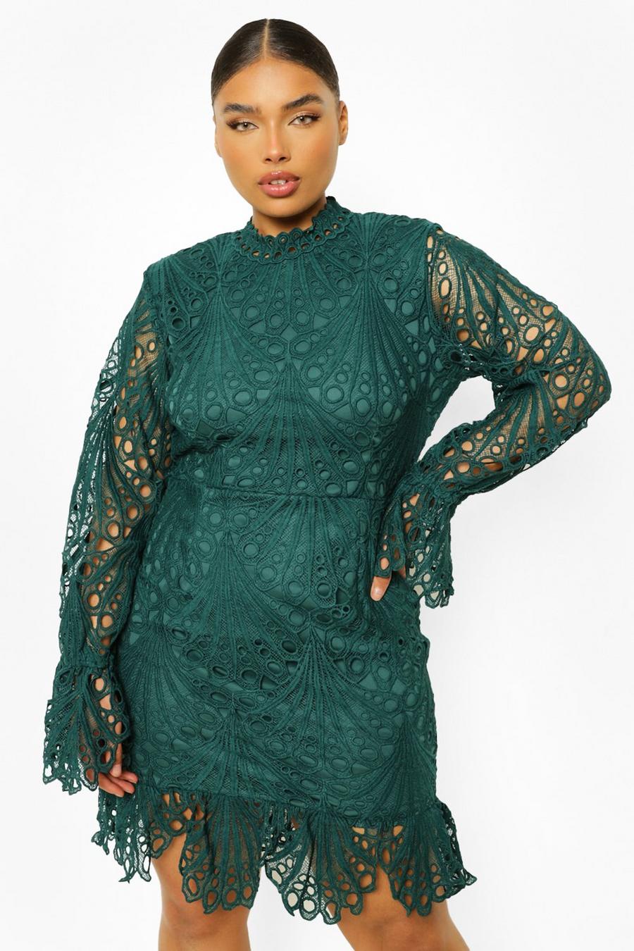 Emerald vert Plus Lace High Neck Ruffle Mini Dress image number 1