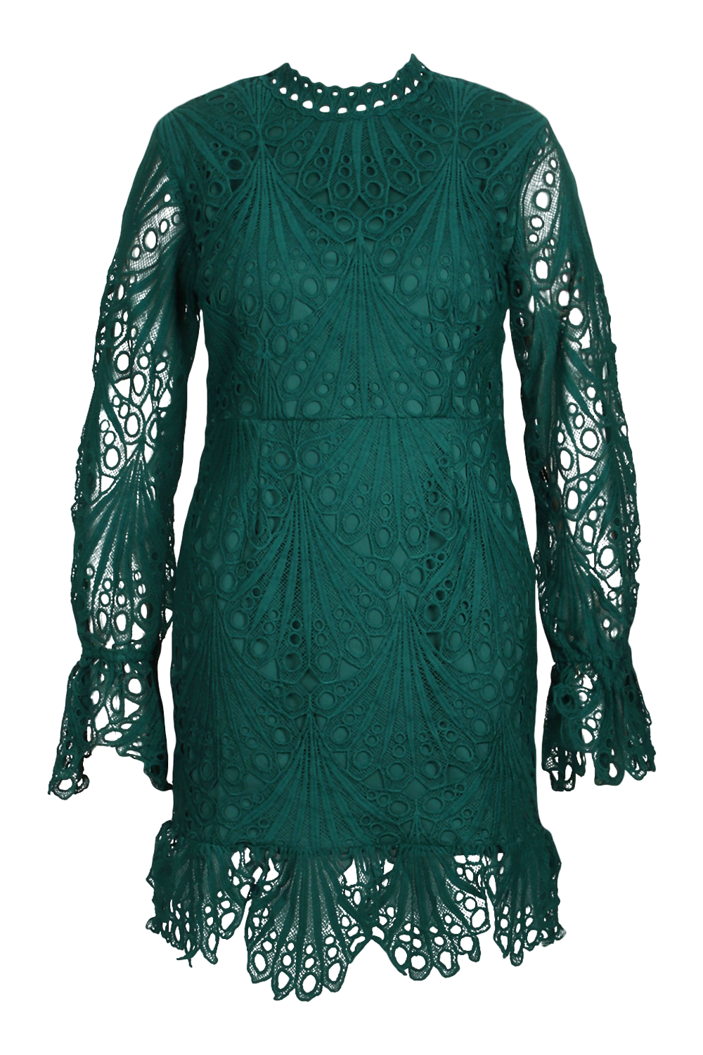 Dark Green Lace High Neck Mini Tunic Dress