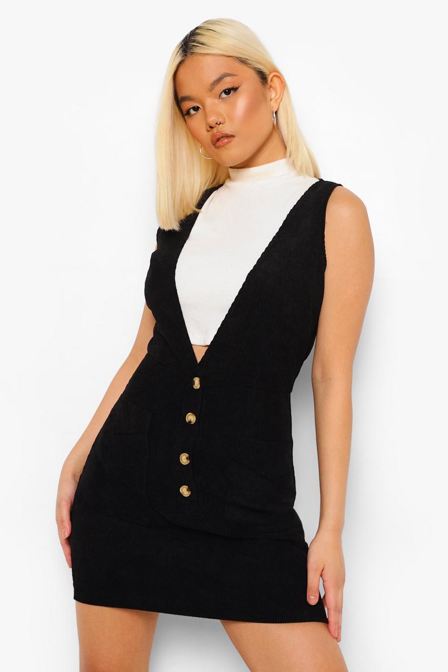 Petite Mini-Kleid aus Cord mit tiefem Ausschnitt vorn, Schwarz image number 1