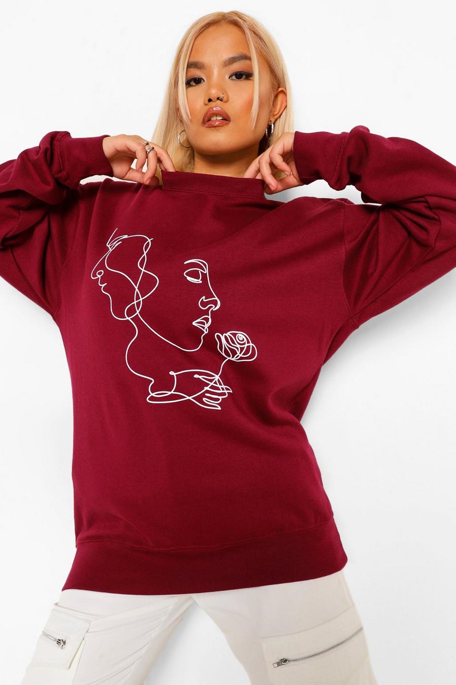 Maroon Petite Abstract Scribble Rose Print Sweatshirt image number 1