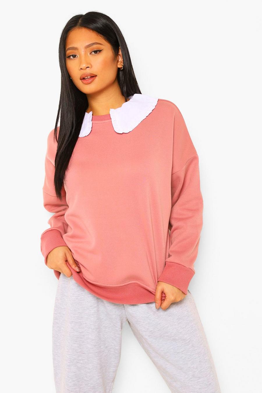 Petite Sweatshirt in Übergröße mit Bubi-Kragen und Rüschen, Rosé image number 1