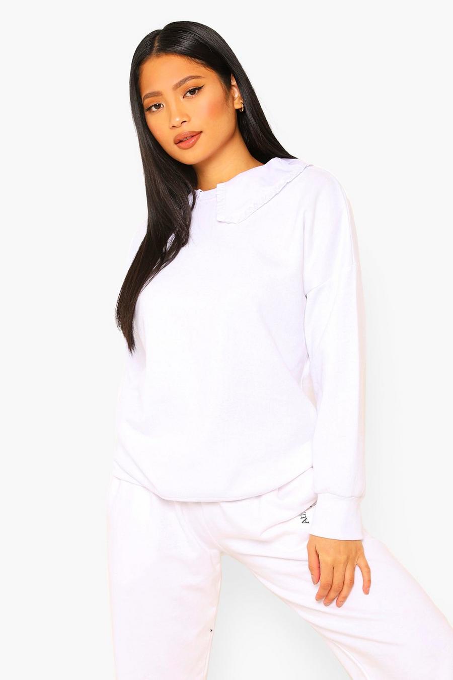 Petite Sweatshirt in Übergröße mit Bubi-Kragen und Rüschen, Weiß image number 1