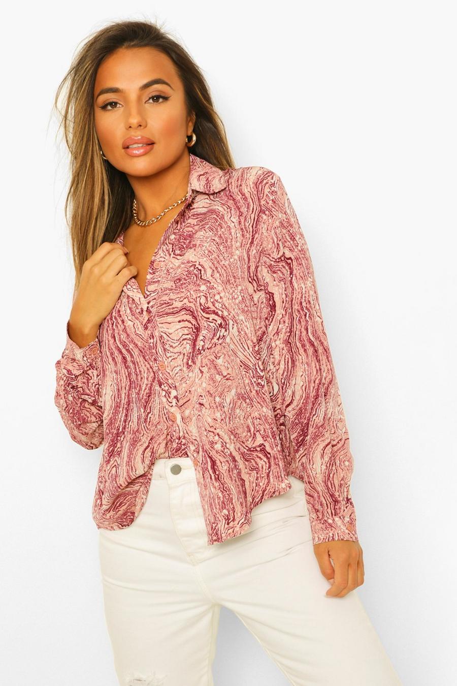Pink Petite Oversized Marble Print Shirt image number 1