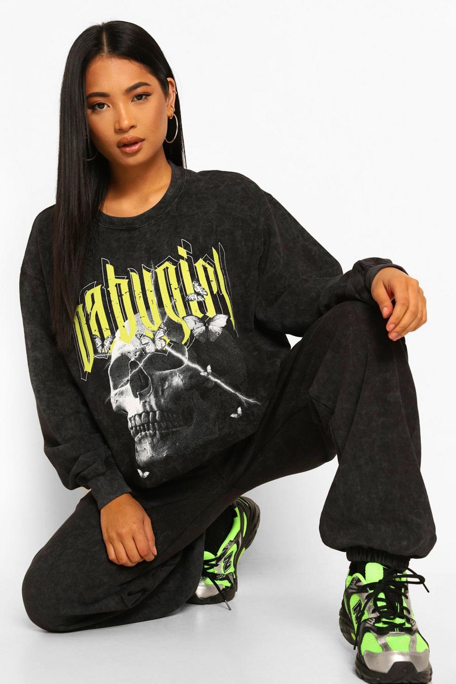 Charcoal Petite Oversized Acid Wash 'Babygirl' Sweatshirt image number 1
