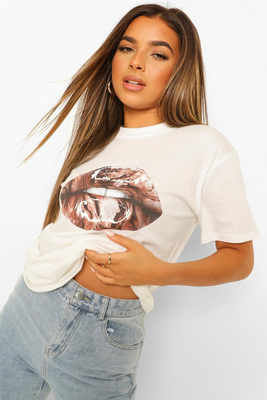 White Petite Marble Print Lips T-Shirt image number 1