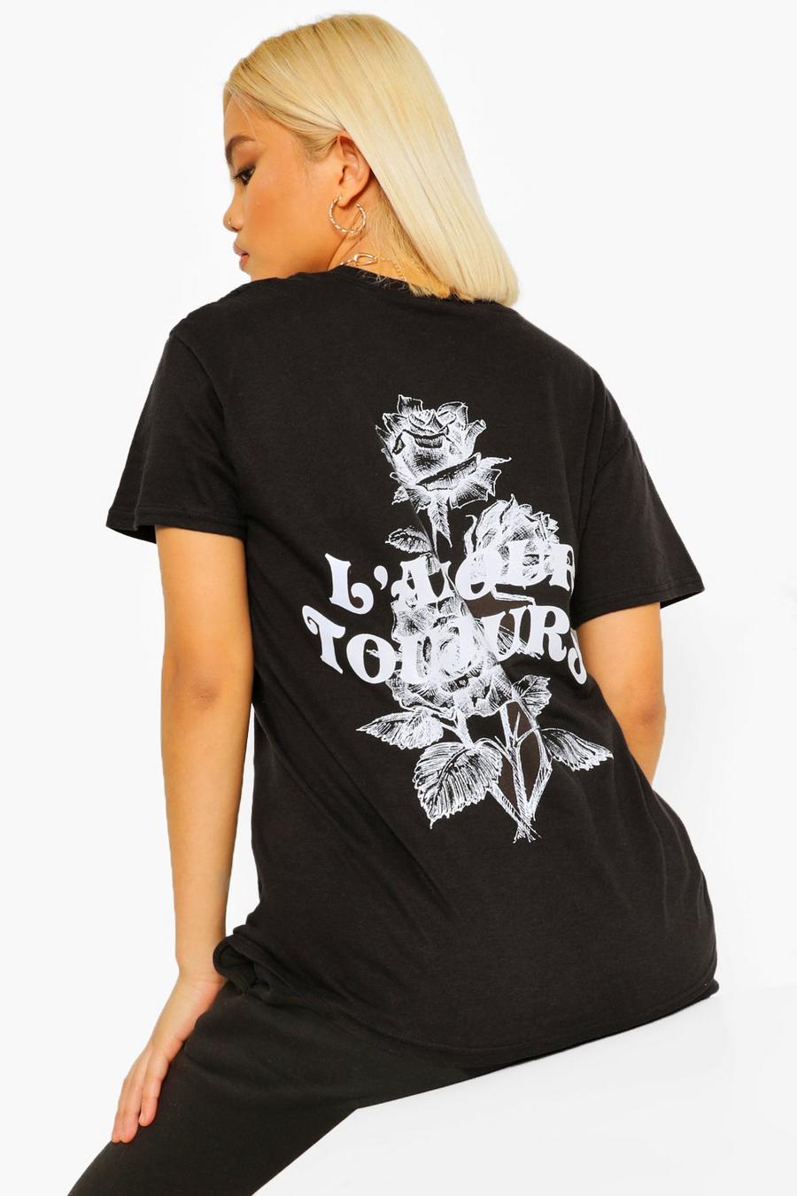 Black Petite - "L'Amour Toujours" T-shirt med tryck och blommor på ryggen image number 1