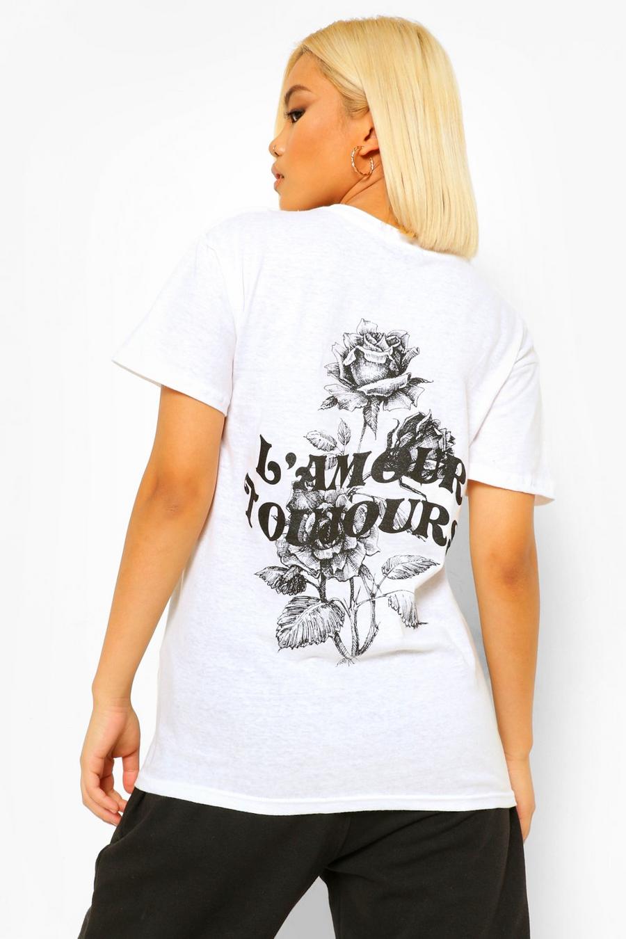 Petite T-Shirt mit Print „L'Amour Toujours“ und Blumen auf dem Rücken, Weiß image number 1
