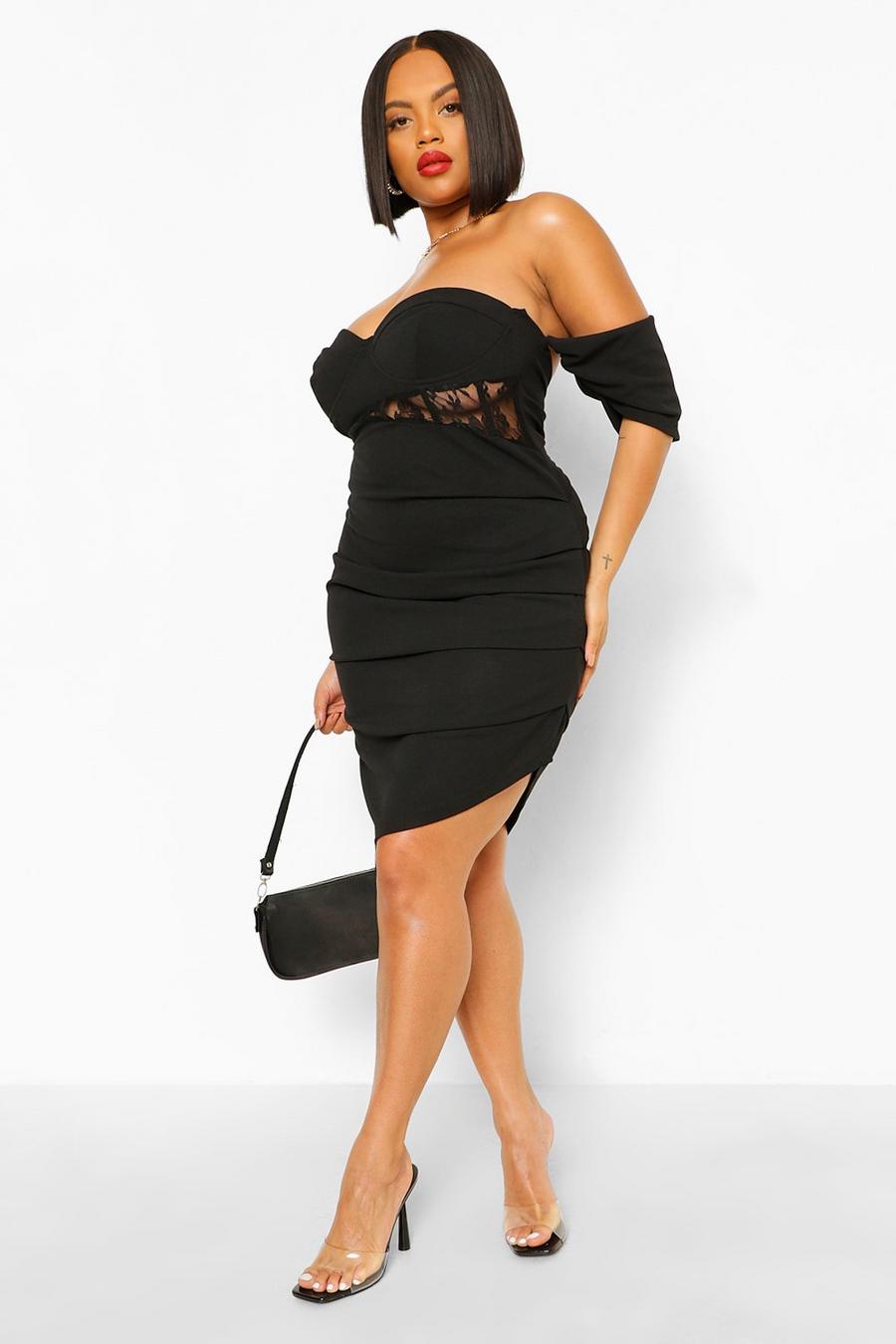 Black Plus Drape Sleeve Corset Midi Dress image number 1