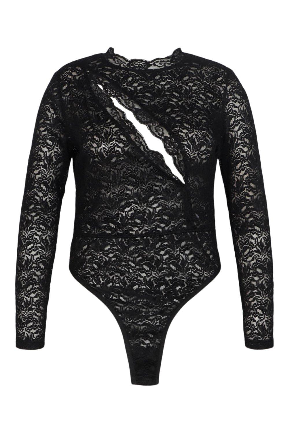 Boohoo Plus Lace Detail Long Sleeve Bodysuit in Black