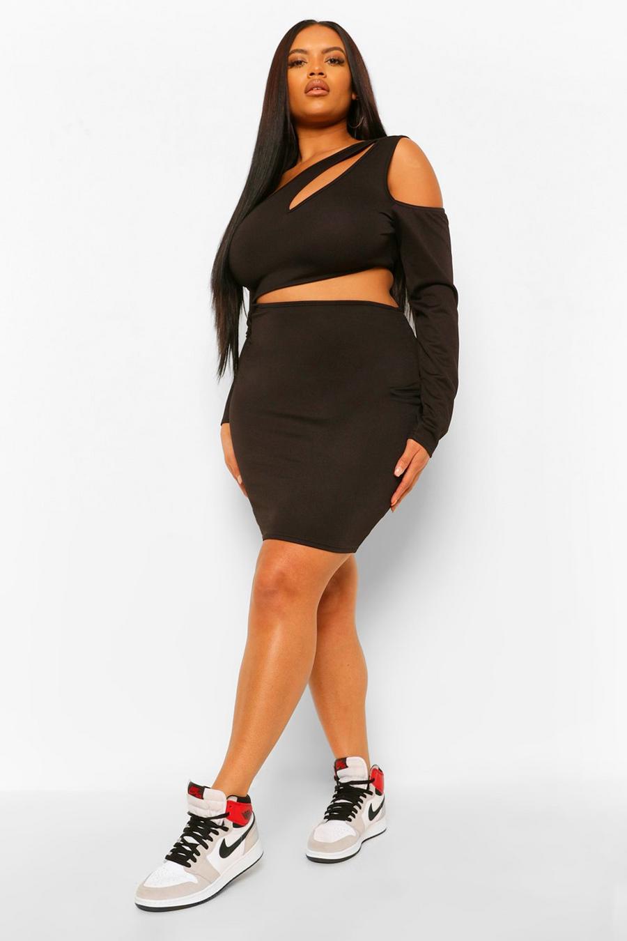 Black Plus Cut Out Side Long Sleeve Bodycon image number 1