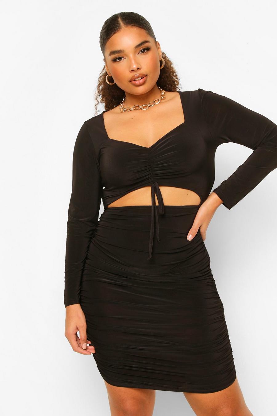Black Plus Soft Touch Ruched Long Sleeve Mini Dress image number 1