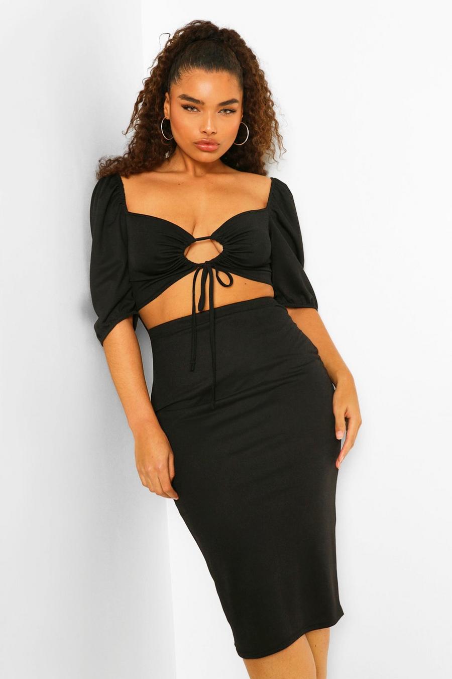 Black Plus Crepe Cut Out Gathered Puff Sleeve Midi Dress image number 1
