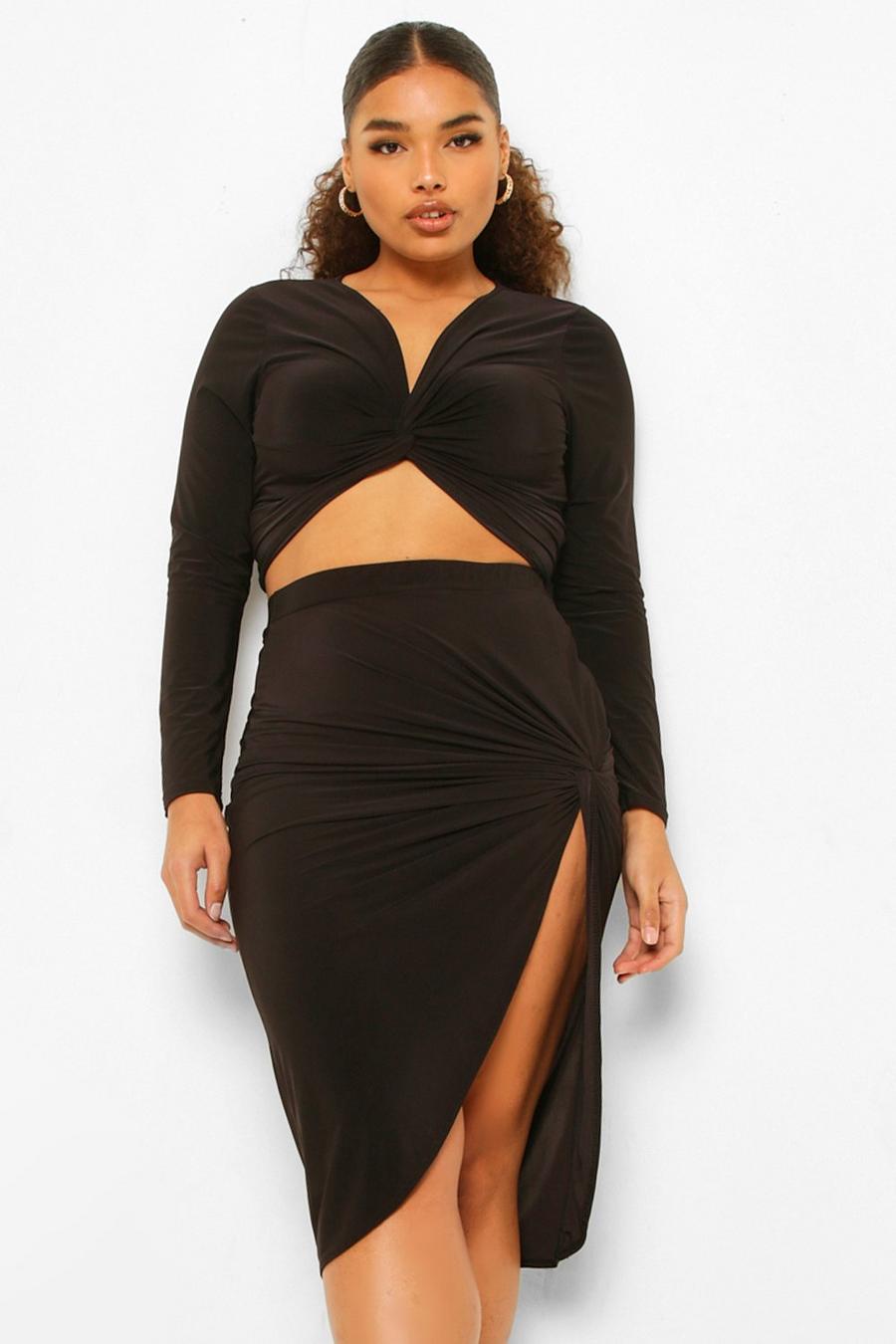 Black Plus Soft Touch Side Knotted Midi Skirt image number 1