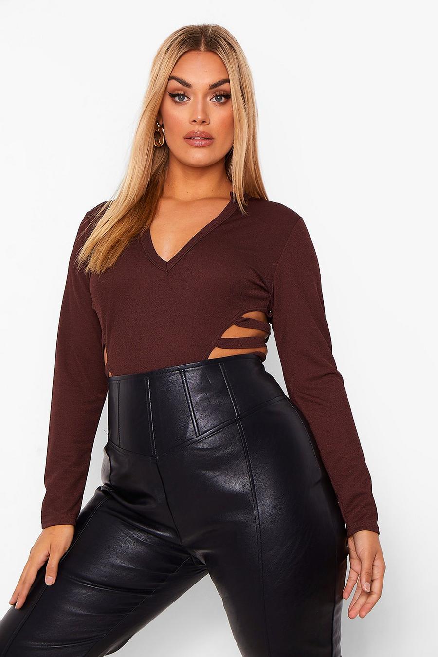 Chocolate Plus v Neck Plunge Cut Out Bodysuit image number 1